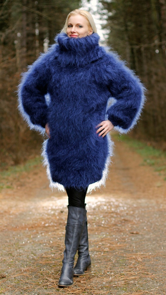 Thick Fuzzy Long Mohair Sweater Hand Knitted Pullover Turtleneck