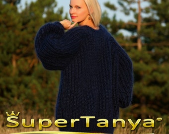 Made to order hand knitted mohair sweater, deep blue crewneck pullover by SuperTanya