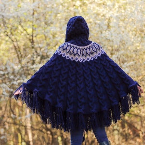 Blue ski wool poncho sweater cable knit Nordic sweater SuperTanya READY TO SHIP image 6