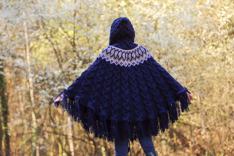 Blue ski wool poncho sweater cable knit Nordic sweater SuperTanya READY TO SHIP image 6