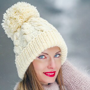 Handmade wool hat with big pom pom, warm winter hat for her, SuperTanya premium knitwear, ready to ship