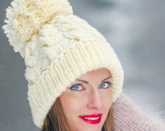 Handmade wool hat with big pom pom, warm winter hat for her, SuperTanya premium knitwear, ready to ship