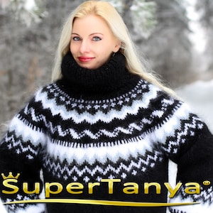 Black Icelandic mohair sweater hand knitted thick pullover by SuperTanya
