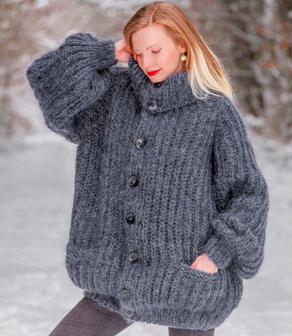 Luxurious Mohair Cardigan, Ribbed Ivory Mohair Sweater