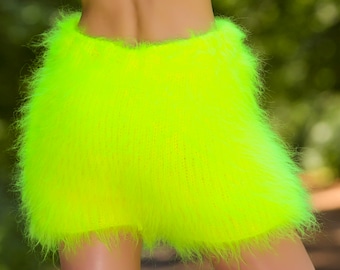 Fuzzy neon yellow mohair shorts fluffy short pants by SuperTanya - ready to ship, one size