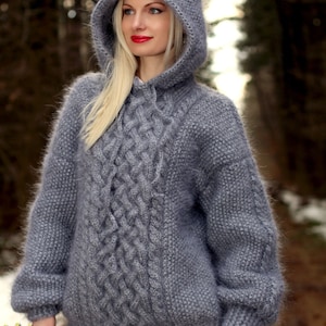 Grey hoodie mohair sweater fuzzy thick cable knit pullover by SuperTanya