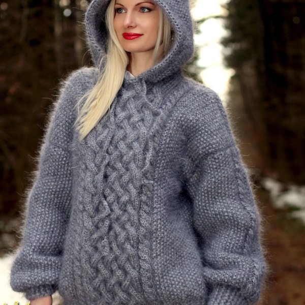 Grey hoodie mohair sweater fuzzy thick cable knit pullover by SuperTanya