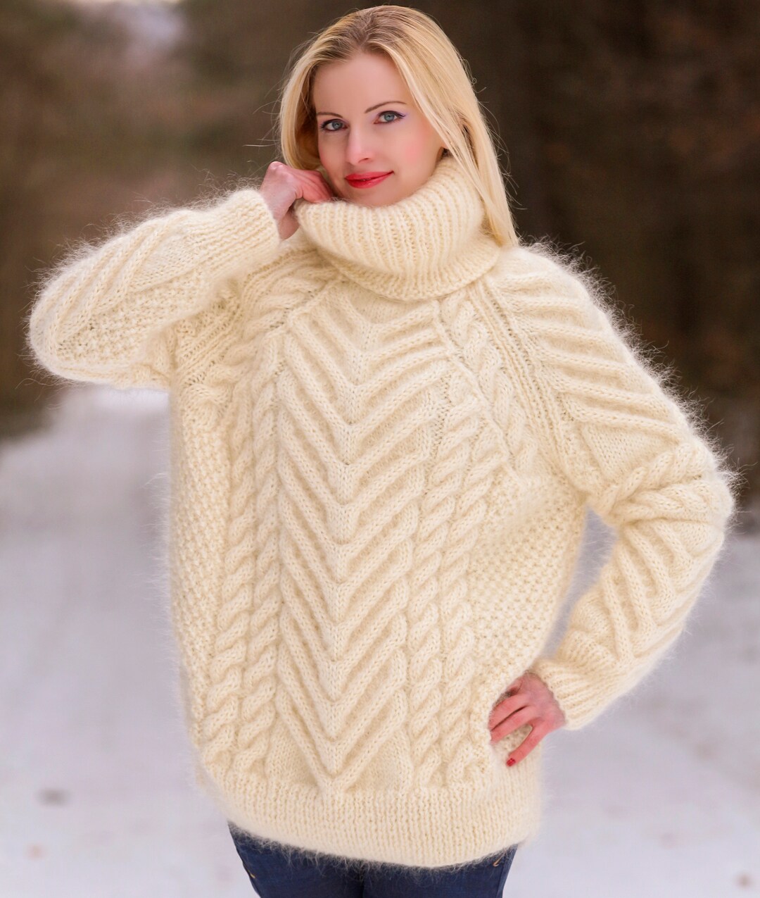 Cable Knit Sweater Hand Knitted Thick Mohair Pullover Fuzzy - Etsy