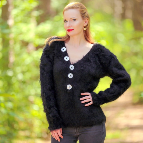 V Neck Mohair Sweater Top Hand Knitted Fuzzy Light Jumper by