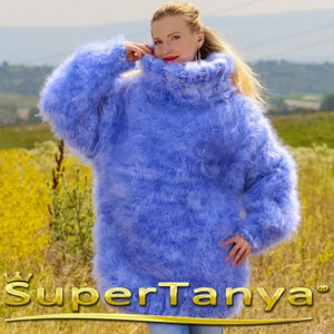 10 Strands Mega thick and fuzzy hand knit mohair sweater, unisex handgestrickte pullover in blue white melange by SuperTanya