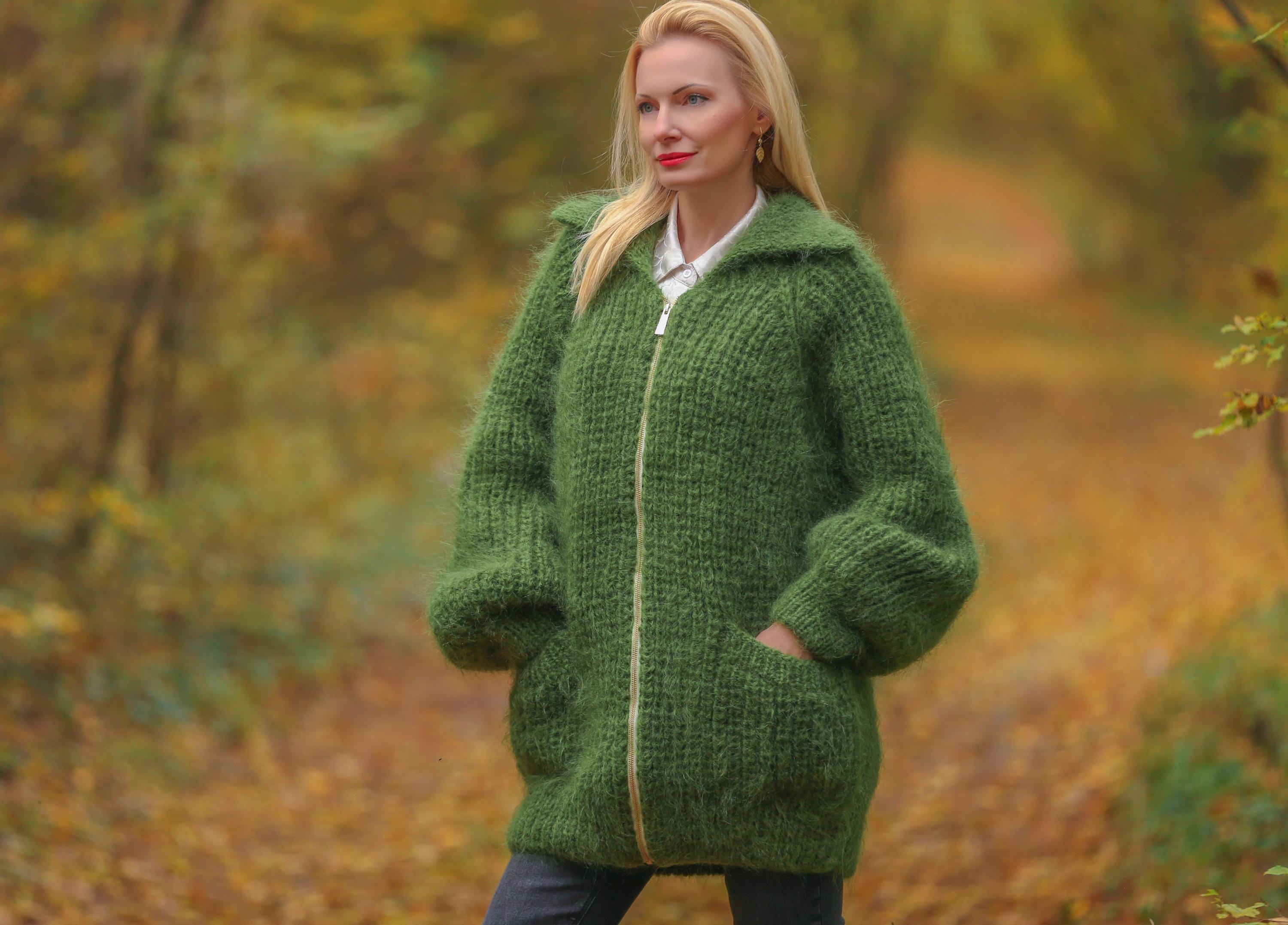 Green Fuzzy Mohair Cardigan With Zipper and Pockets, Handmade