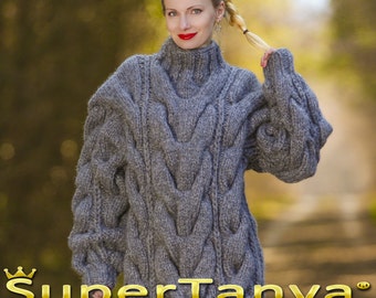 Grey cable knit wool pullover hand knitted sweater chunky jumper by SuperTanya