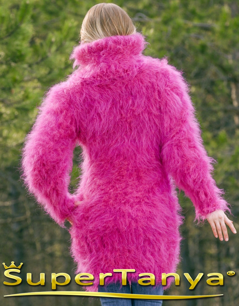 Custom made beautiful thick and fuzzy hand knitted pink purple melange mohair sweater dress by SuperTanya