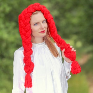 SuperTanya red hat cable knit hat with braids red riding hood hat Halloween hat READY TO SHIP image 6