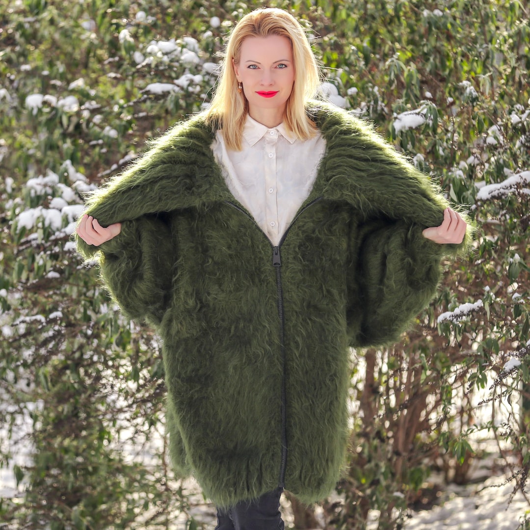 Handmade Green Mohair Cardigan, Fuzzy Zipper Sweater Coat With
