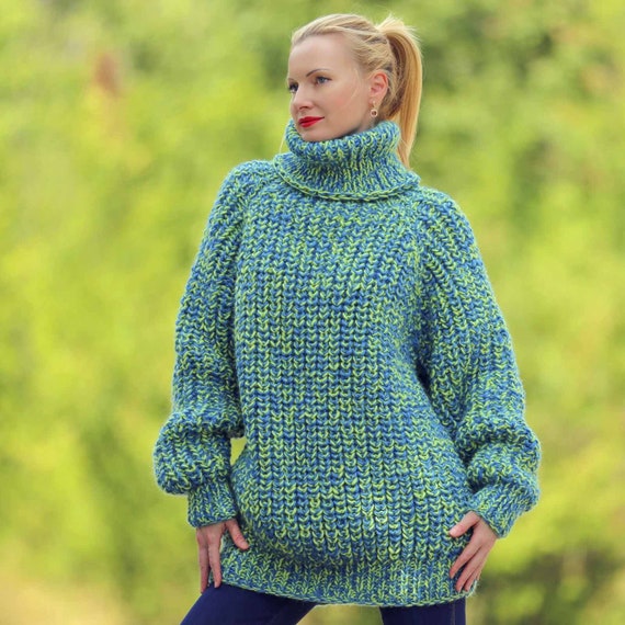 Supertanya Green Blue Thick Wool Sweater Handmade Turtleneck