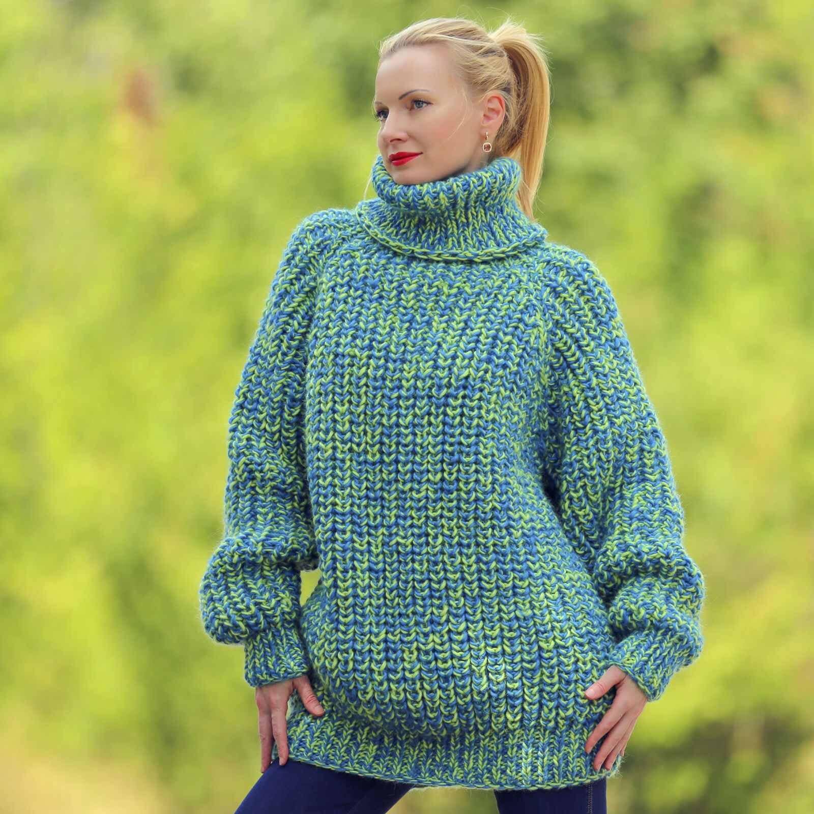 Supertanya Green Blue Thick Wool Sweater Handmade Turtleneck