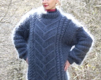 Cable knit sweater hand knitted thick mohair pullover fuzzy jumper by SuperTanya