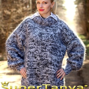 Thick fuzzy hand knit mohair sweater black grey white melange pullover by SuperTanya