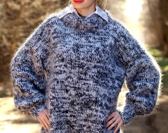 Thick fuzzy hand knit mohair sweater black grey white melange pullover by SuperTanya