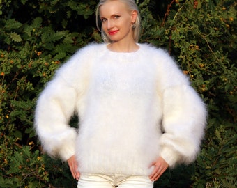 Mohair sweater in white by SuperTanya, M-L size