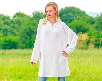 Oversized White Hand Knitted Cotton Shirt | SuperTanya Luxury Knitwear | Bespoke One of a Kind Modern Chic Tunic