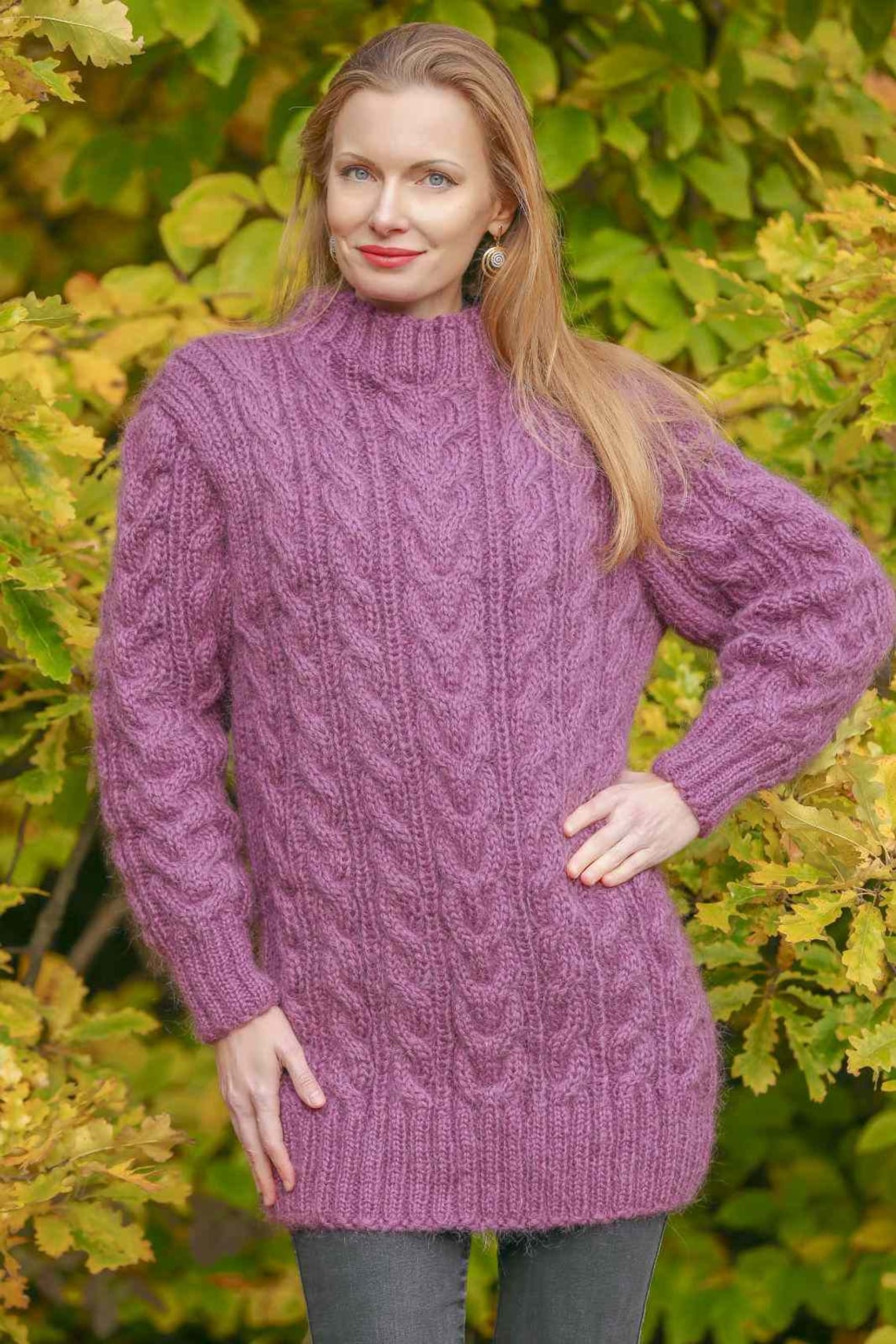 Purple Cable Mohair Sweater Hand Knitted Turtleneck Mohair - Etsy