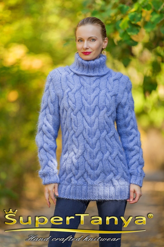 Beautiful Blue Cable Mohair Sweater Hand Knitted Turtleneck Mohair