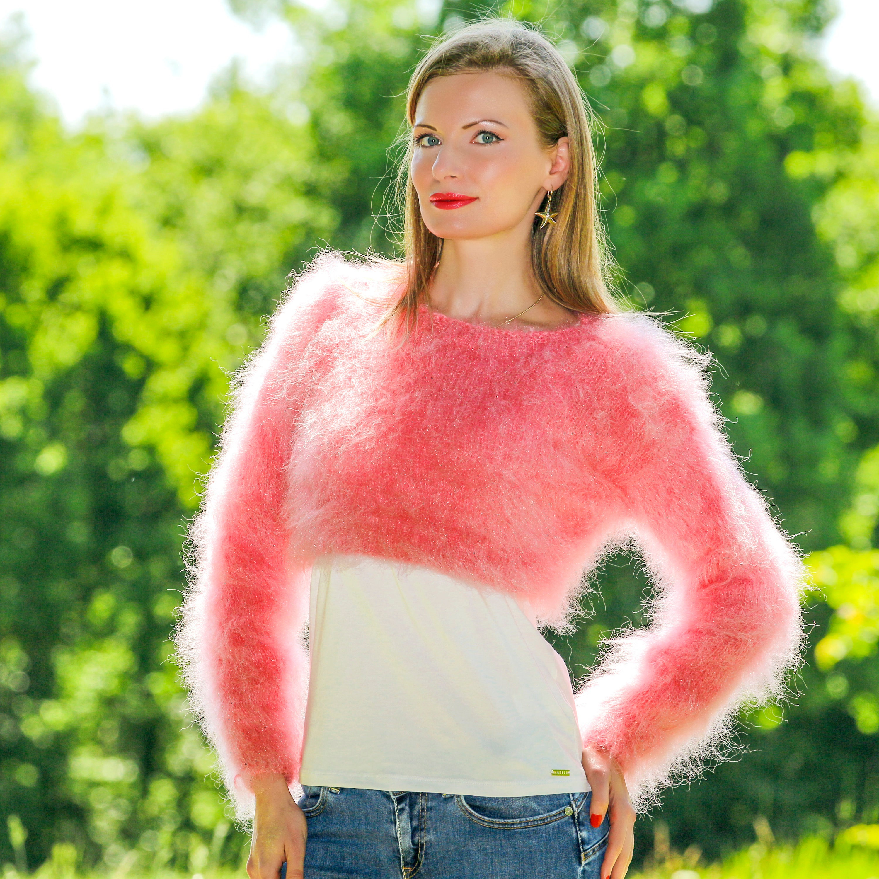 Pink fuzzy sweater crop top hotsell