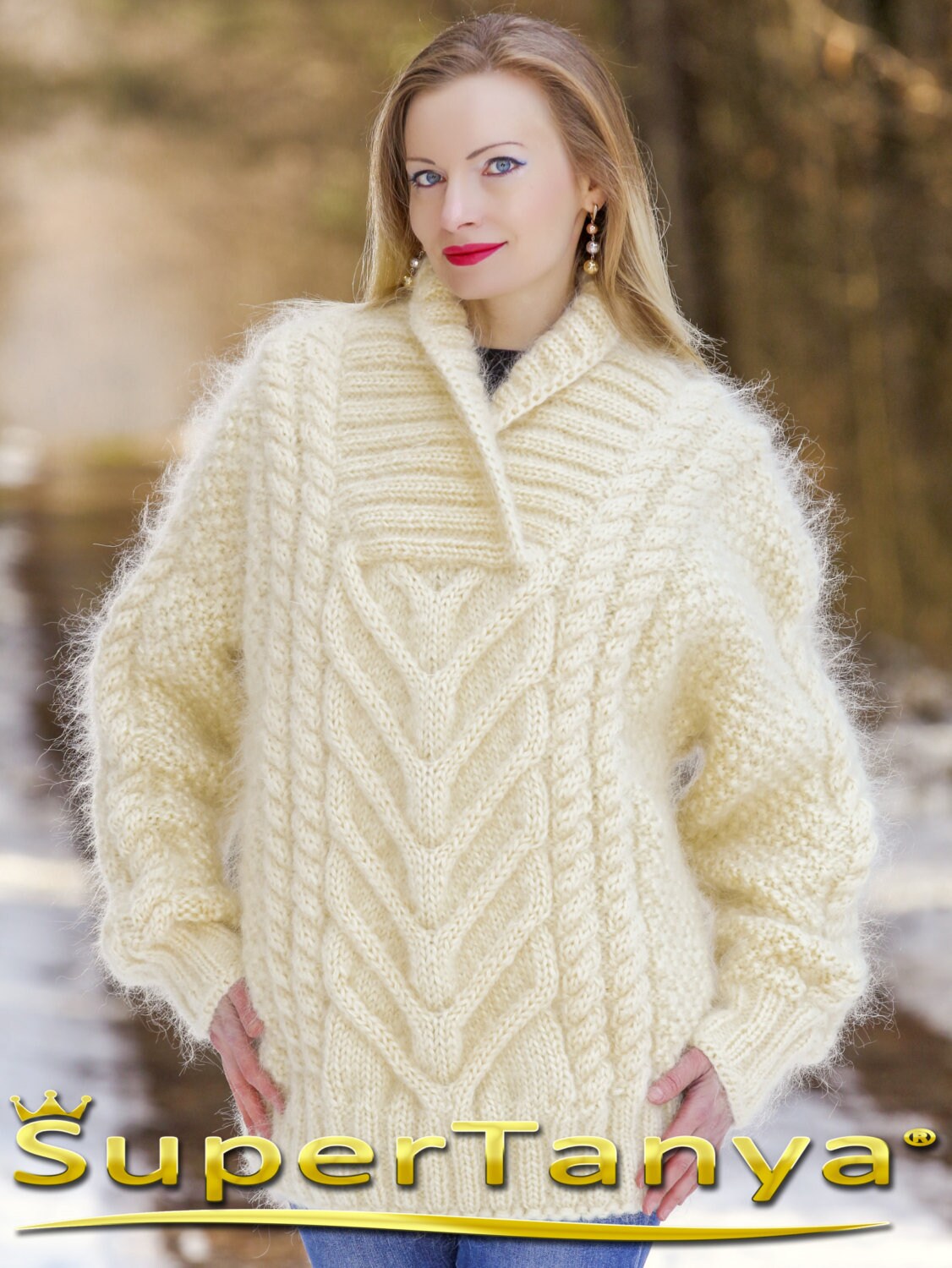 Cable Knit Shawl Collar Mohair Sweater Hand Knitted Fuzzy Pullover
