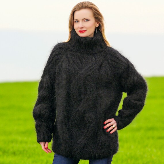 Cable Knit Thick Mohair Sweater Hand Knitted Mohair Pullover Ski