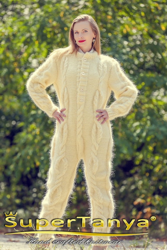 Cable Knit Catsuit Mohair Bodysuit Hand Knitted Fuzzy Pajama by