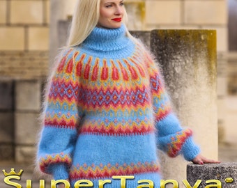 Gorgeous custom made sweater blue Nordic Icelandic hand knit mohair sweater by SuperTanya