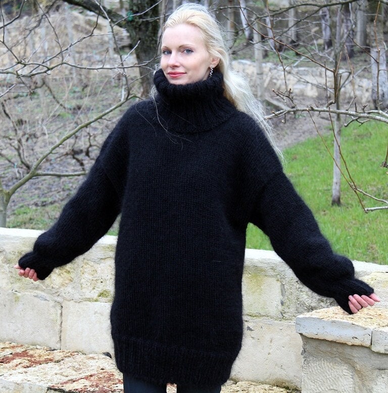 Handmade Thick Mohair Sweater Black Turtleneck Pullover by