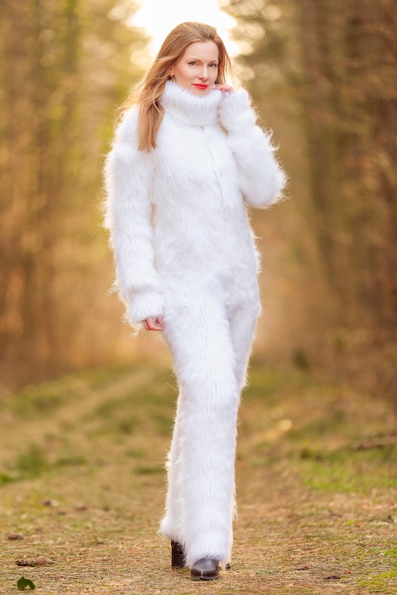 Mohair Catsuit Ski Bodysuit Pijama Hand Knit Thick Jumpsuit