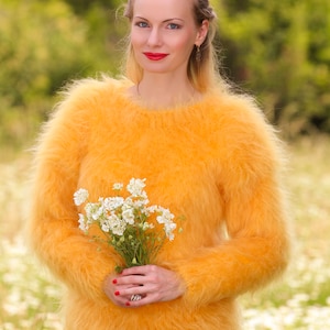 Elegant fuzzy mohair sweater hand knitted stylish jumper fluffy top by SuperTanya Yellow