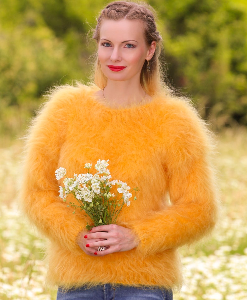 Elegant fuzzy mohair sweater hand knitted stylish jumper fluffy top by SuperTanya Yellow