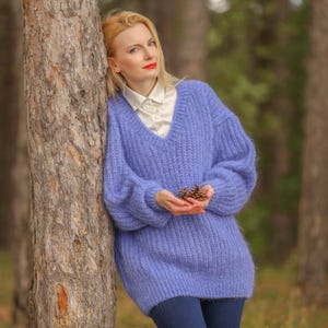 Handmade blue mohair sweater thick V neck fuzzy mohair pullover - Ready to wear - size L-XL
