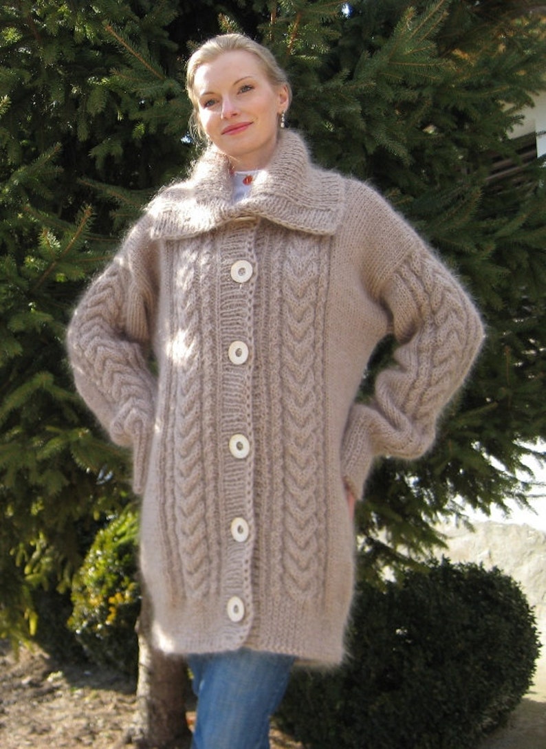 Beige mohair sweater coat long hand knitted jacket by | Etsy