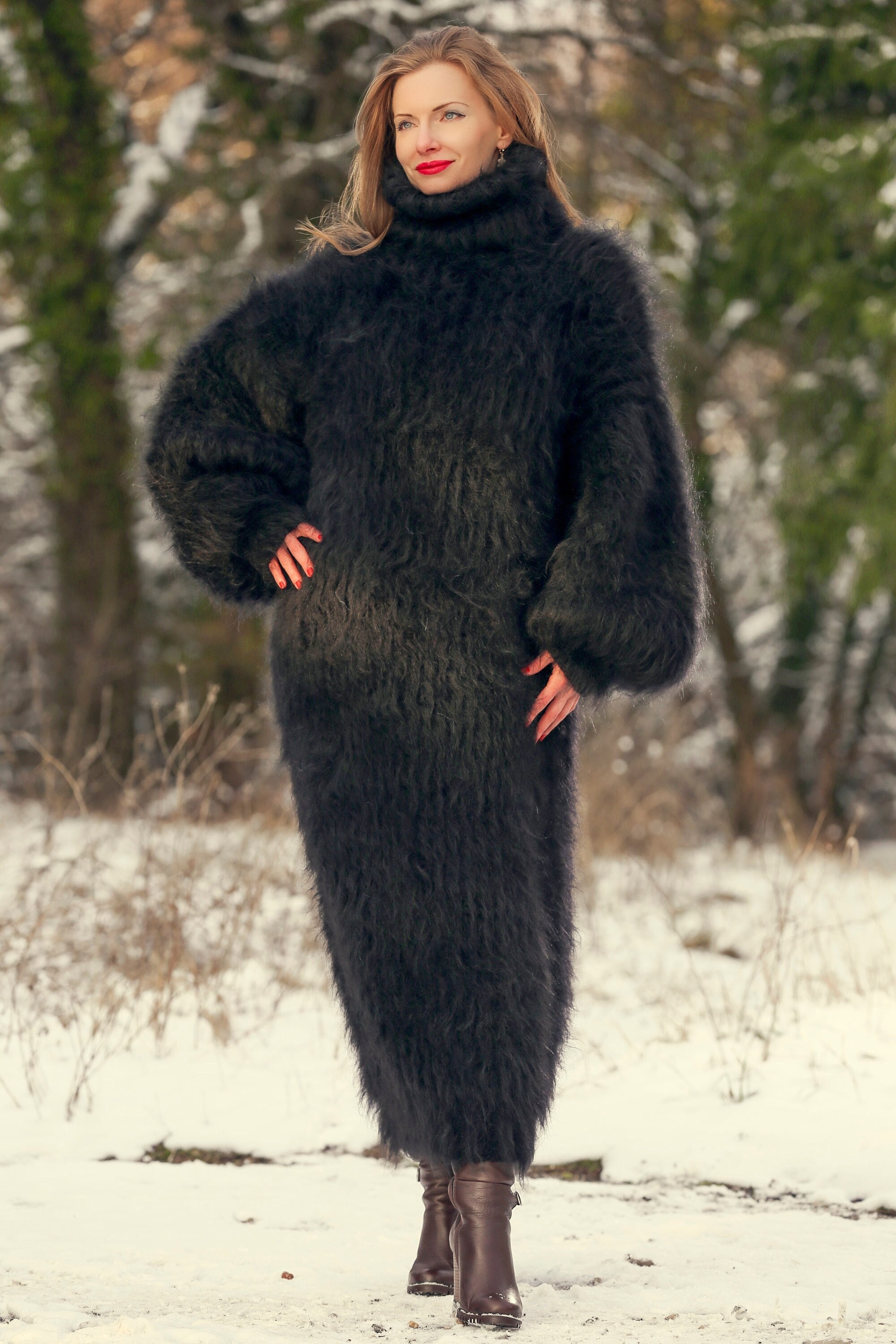Black Oversized Brushed Mohair Dress Long Ribbed Mohair