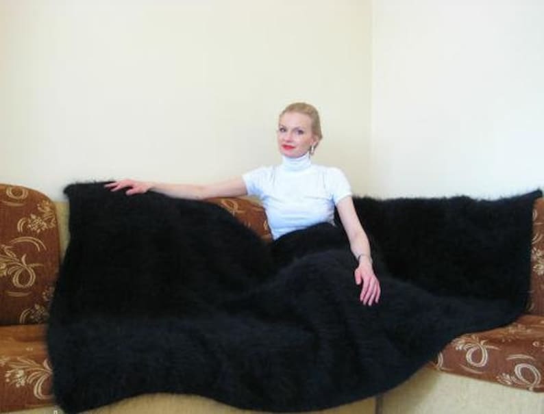 Black mohair bedspread hand knitted blanket fluffy mohair throw SuperTanya image 2