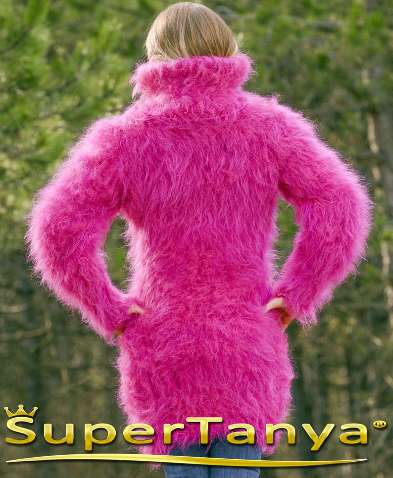 Custom made beautiful thick and fuzzy hand knitted pink purple melange mohair sweater dress by SuperTanya