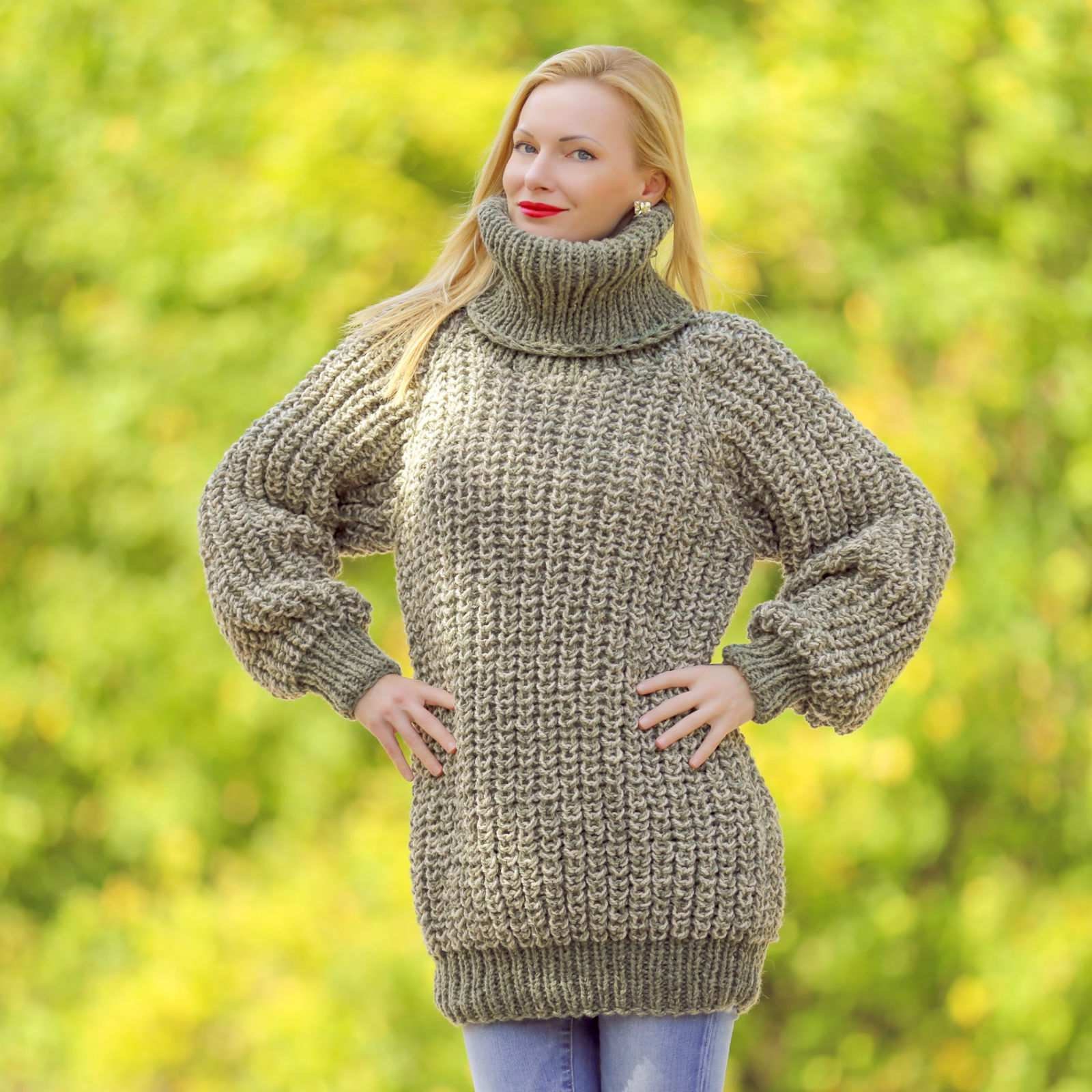 Suéter de lana verde beige 100% natural, jersey de lana orgánica con picor SuperTanya - listo para enviar - talla XL-XXL