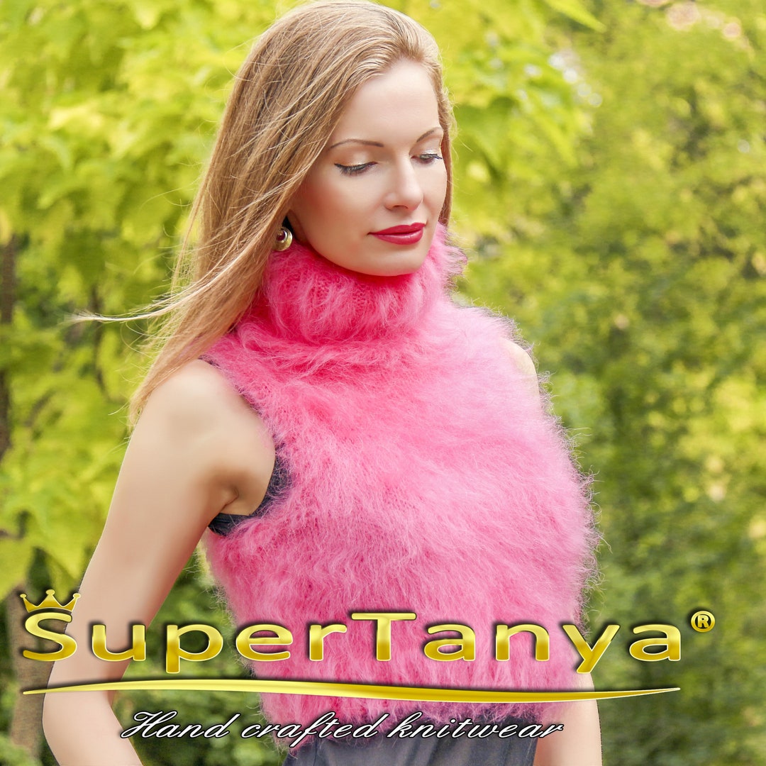 Ready to Ship Pink Mohair Top Pink Sweater Sleeveless Turtleneck Short