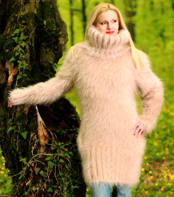 Thick Fuzzy Mohair Sweater Dress Hand Knitted Turtleneck Fuzzy