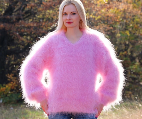 Fuzzy V Neck Mohair Sweater Hand Knitted Fluffy Pullover Warm Jumper  Supertanya 