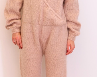 Fuzzy Beige Mohair Pajama Jumpsuit, Hand knitted sleeping overall, Handmade Luxury Knitwear by SuperTanya - made to order