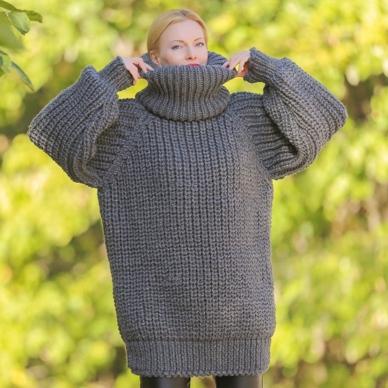 SuperTanya gray ribbed wool sweater with extra long turtleneck ready to ship L-XL size image 3