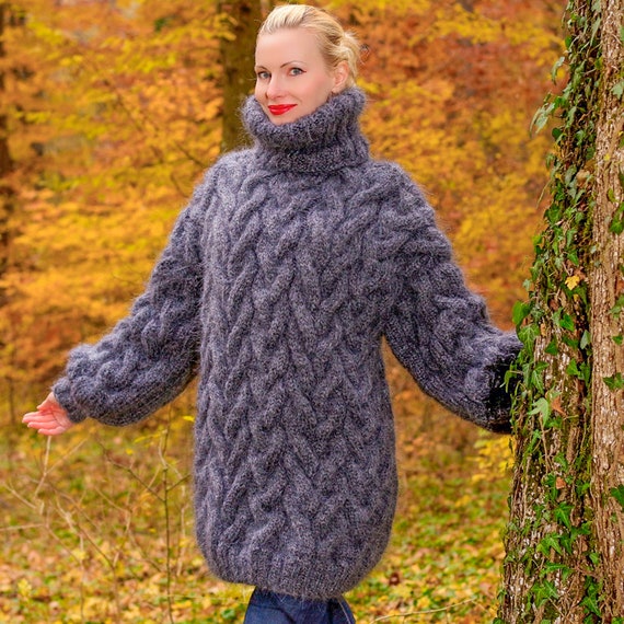 Cable Knit Mohair Sweater Hand Knitted Thick Fuzzy Warm Pullover