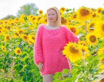 Neon pink merino sweater by SuperTanya, ready to ship, one size